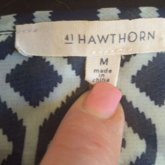 41 Hawthorn (Stitch Fix) geometric navy blue & aqua green pattern, 3/4 sleeves M - Picture 4 of 5